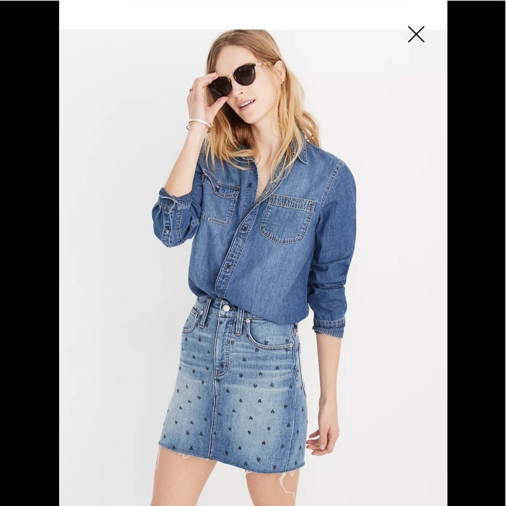 Madewell stretch denim straight mini skirt black heart print edition